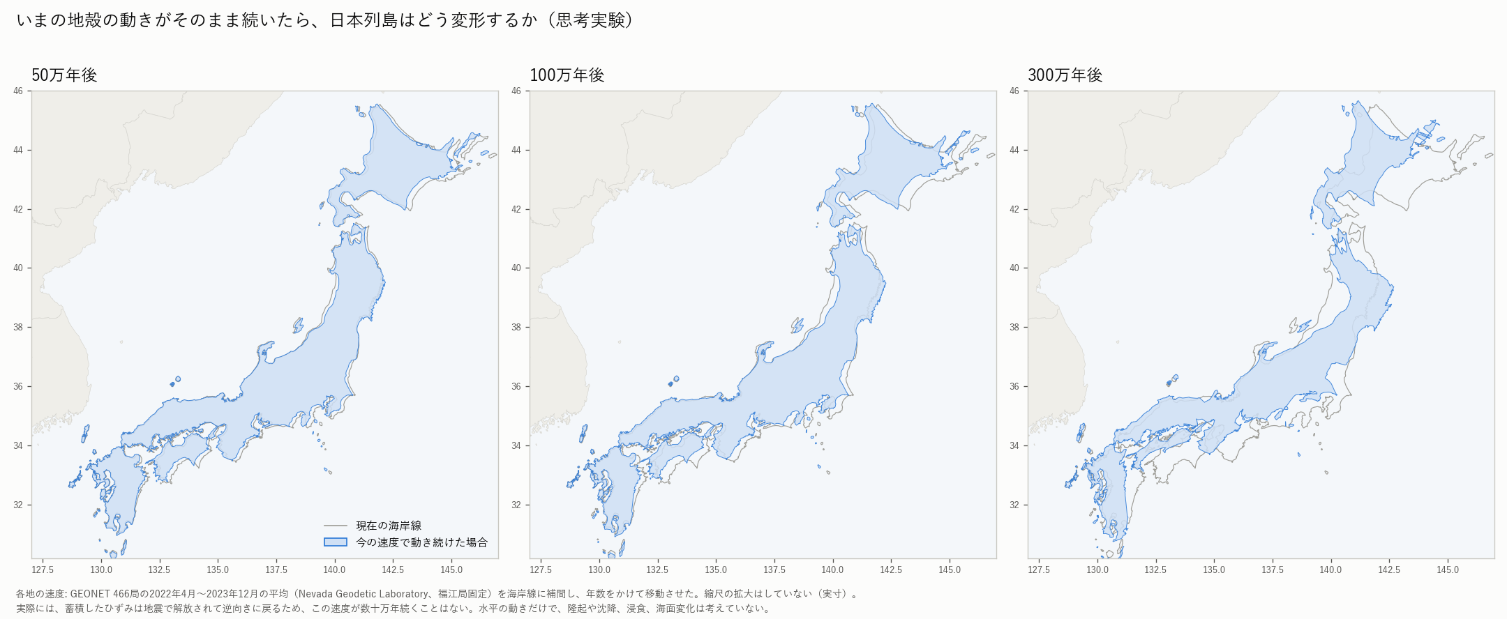 今の地殻の動きが50万年、100万年、300万年続いた場合の日本列島