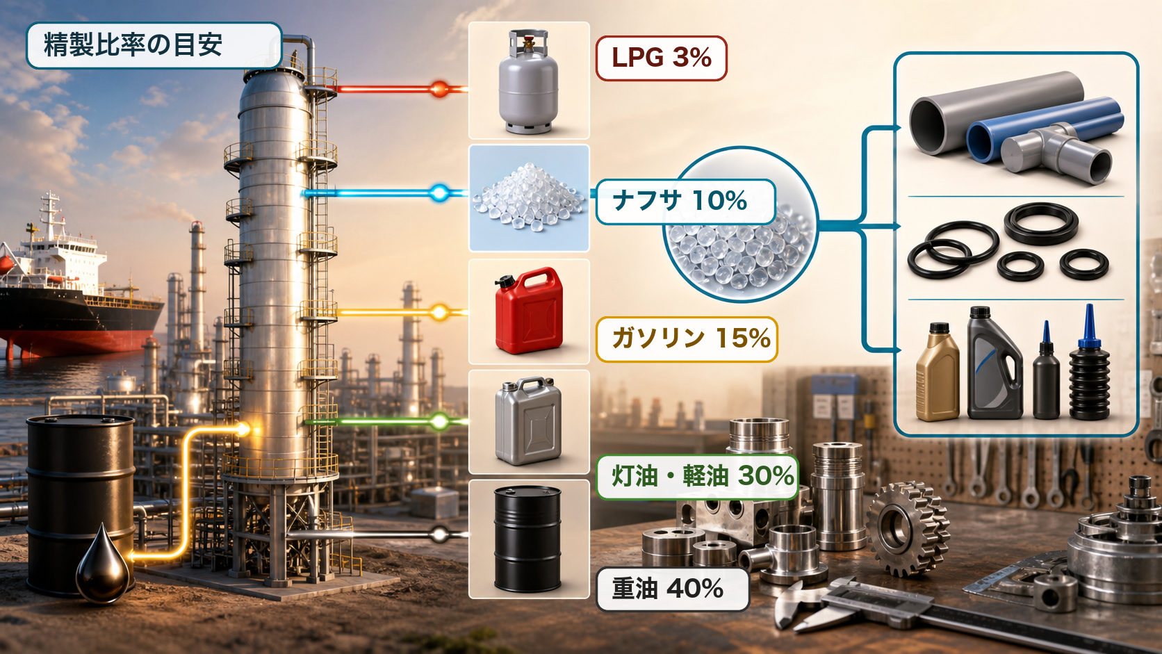原油精製で複数の製品が同時に生まれ、ナフサが樹脂やゴム部品、潤滑油へつながる流れ